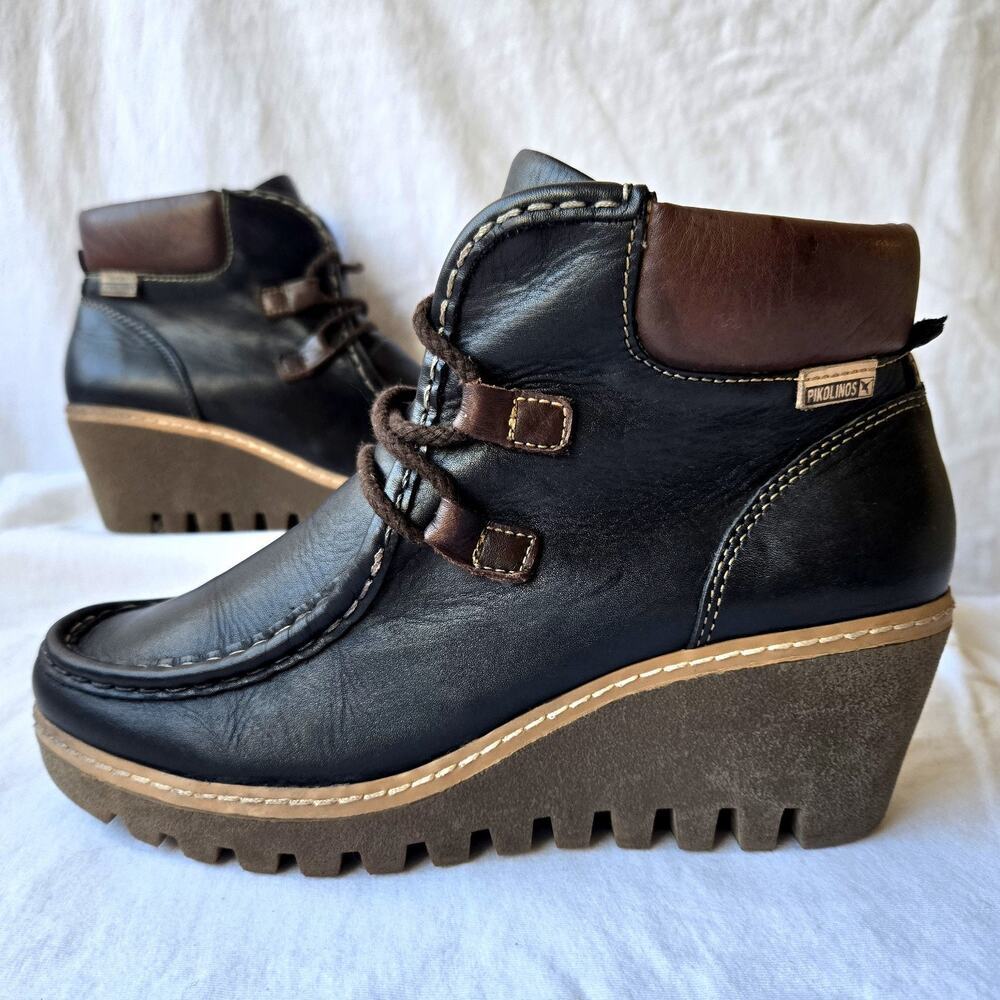 Pikolinos Maple Women's Leather Wedge Ankle Boots Black/Brown Size 40/US 9-9.5